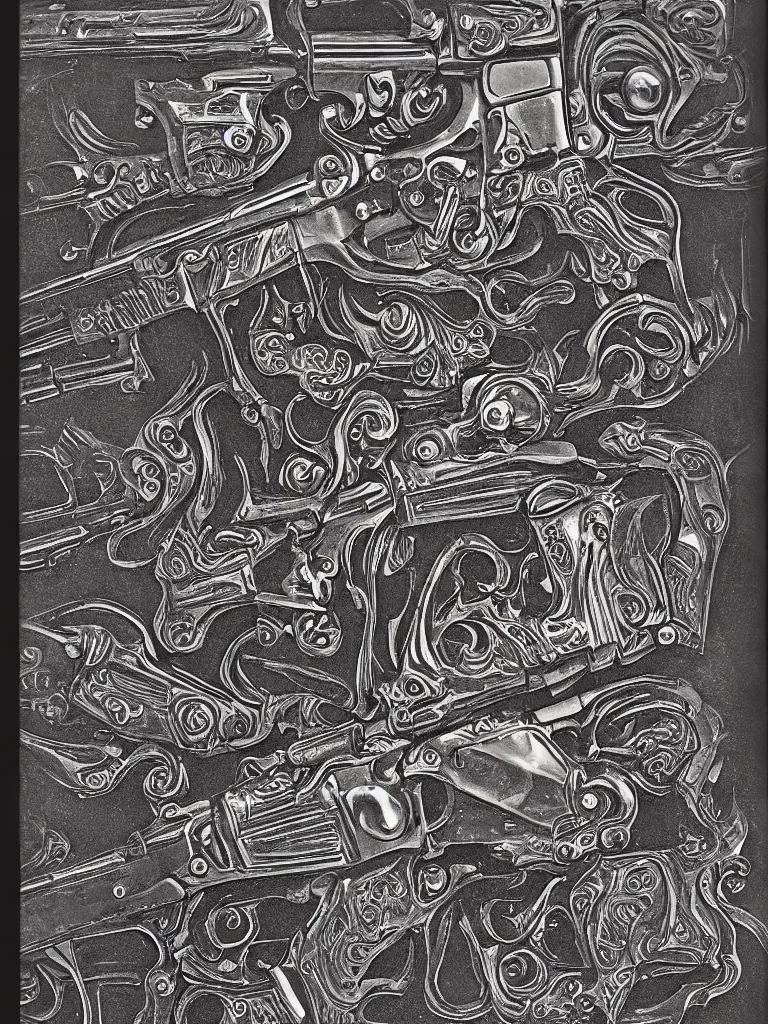 Image similar to carving in dark black steel of machine guns shotguns rifles revolvers bullets, dark vintage paperback cover, ultra-realistic, intricate details, 4k