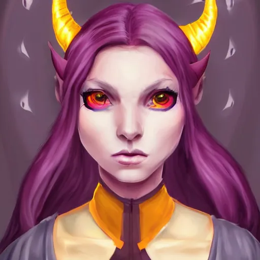 Image similar to a portrait of a cute tiefling girl with a scar along her face, red hair, skin colour purple, horns from her head, yellow eyes, cleric, dnd art, fantasy, digital art, high quality.