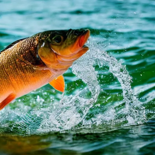 Prompt: closeup of a fish jumping out of the water as a fisherman reels him in