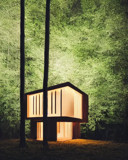 Prompt: an exquisite wooden house in the middle of a lush forest at night, minimalist design, architectural photography, dark and dim lighting, beautiful, tranquil, moody, cinematic, fantasy, 3 5 mm lens, volumetric lighting, first person view, photographic render, hyper realistic