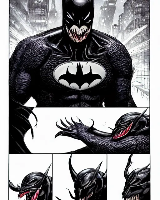 Image similar to venom as batman, with the powers of flash, dynamic lighting, fantasy concept art, trending on art station, stunning visuals, creative, cinematic, ultra detailed, comic strip style, sumihei