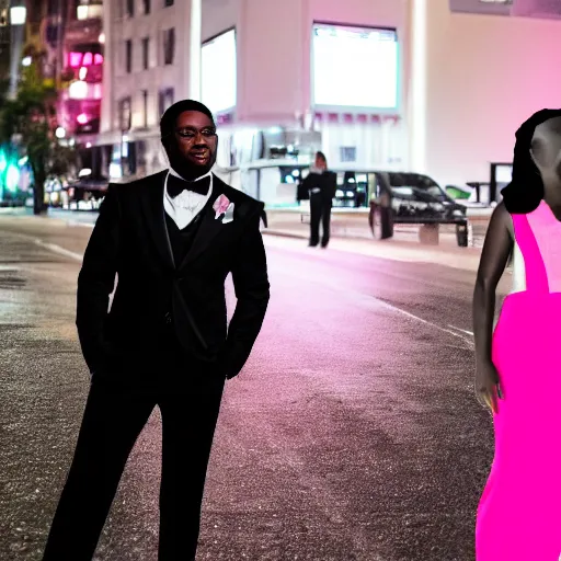 Image similar to A black man wearing white suit with a black time with a white woman wearing a pink dress on street at night , traffic