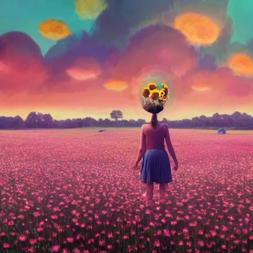 Image similar to full body girl standing in a flower field, her head is hidden behind the huge daisy flower,. surreal photography, sunrise, dramatic light, impressionist painting, colorful clouds, digital painting, artstation, simon stalenhag