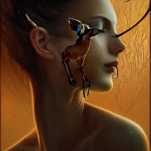 Image similar to a dramatic portrait of a woman showing affection to deer, cinematic lighting, symmetric face by karol bak, christopher balaskas