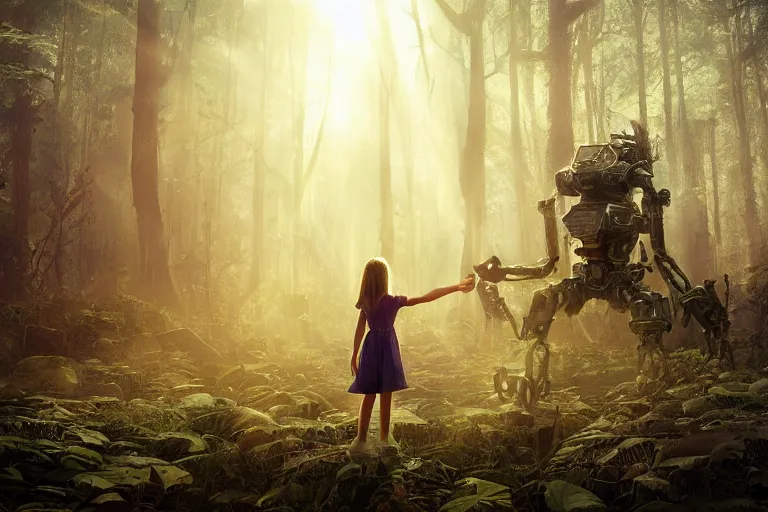 Image similar to the great beyond, sci - fi scene future new york, little girl holding a hand of a big robot, forest punk, crepuscular rays, epic scene, hyper realistic, photo realistic, overgrowth, cinematic atmosphere, ethereal lighting, style of john - waterhouse