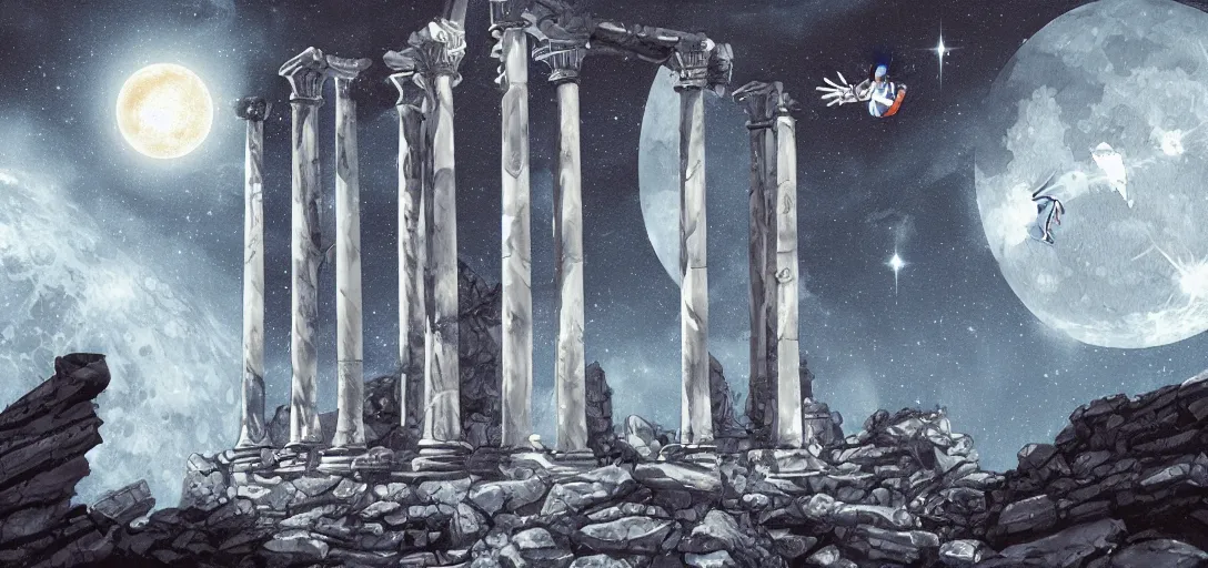 Prompt: The fall of the Silver Millennium from Sailor Moon, digital painting, Greek-esque columns and ruins on the moon