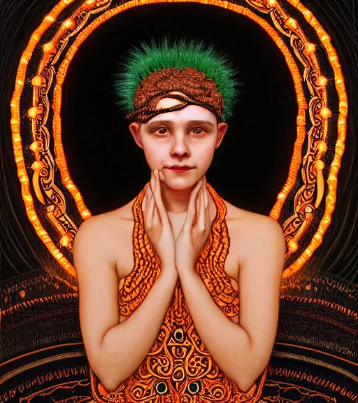 Prompt: portrait of teenage medusa, bald, naughty smile, wearing an embroidered orange tunic, wearing headdress made of black snakes, intricate, elegant, copper and emerald jewelry, glowing lights, highly detailed, digital painting, artstation, concept art, smooth, sharp focus, illustration, art by wlop, mucha, artgerm, and greg rutkowski