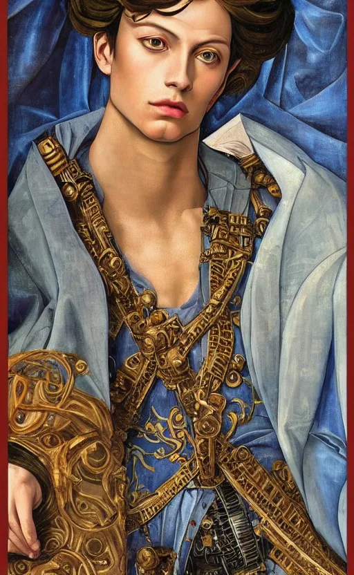 Prompt: beautifully painted mural of a stunning young cyborg prince in ornate royal fabric, piercing glowing eyes, sci fi scenery, vogue cover poses, mural in the style of sandro botticelli, caravaggio, albrecth durer