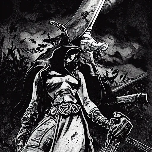 Prompt: A sword stuck in the ground, bathed in dusty light. Close Up Shot, Dark Fantasy, Film Noir, Black and White. High Contrast, Mike Mignola, D&D, OSR