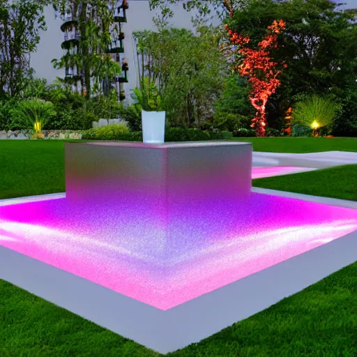 Prompt: futuristic paradise garden with reflecting pool white pearlescent chrome iridescent crystal liquid, pink, magenta, purple, diffuse cinematic lighting w 1 0 2 4 - c 1 5. 0