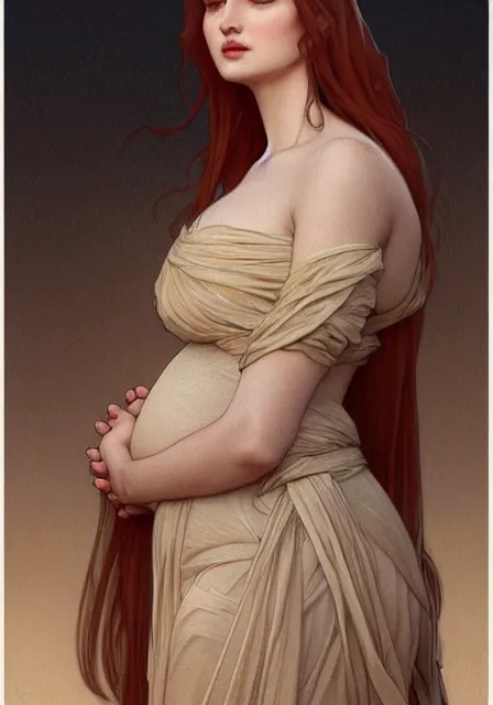 Image similar to sansa pregnant mummy, intricate, elegant, highly detailed, digital painting, artstation, concept art, smooth, sharp focus, illustration, art by artgerm and greg rutkowski and alphonse mucha and william - adolphe bouguereau