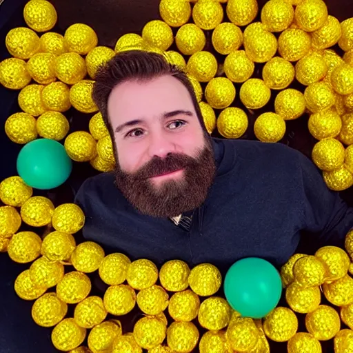 Image similar to a man with a beard in only one side looking at the camera, under a ball pool of yellow and white balls.