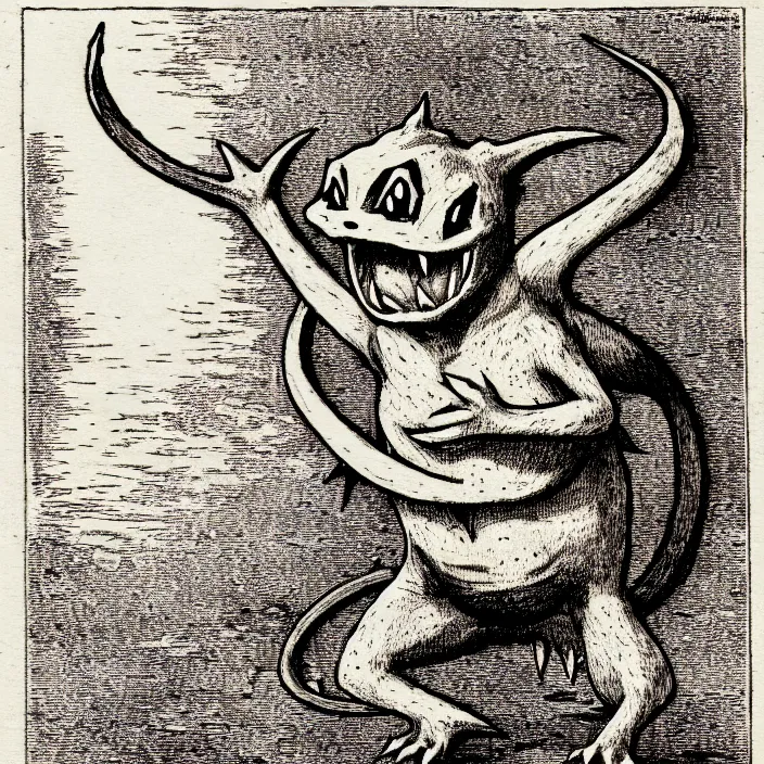 Image similar to charmander, as a demon from the dictionarre infernal, pen - and - ink illustration, etching by louis le breton, 1 8 6 9, 1 2 0 0 dpi scan, ultrasharp detail, hq scan, intricate details, stylized border