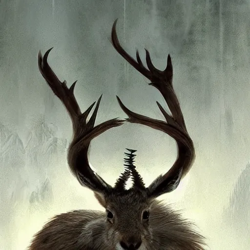 Image similar to a jackalope, jackrabbit with the antlers of a deer bigger than a building. Menacing. Soulless eyes. By Greg Rutkowski. By Marc Simonetti. C. M. Kosemen.