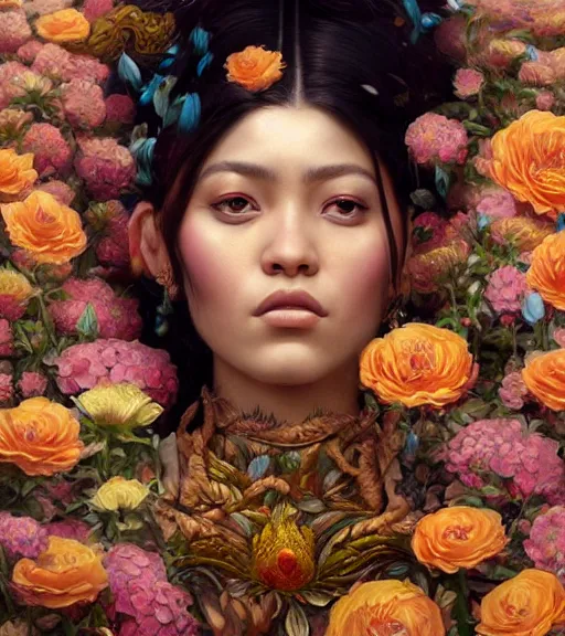 Image similar to portrait of a chullachaqui, surrounded by flowers by karol bak, james jean, tom bagshaw, rococo, trending on artstation, cinematic lighting, hyper realism, octane render, 8 k, hyper detailed.