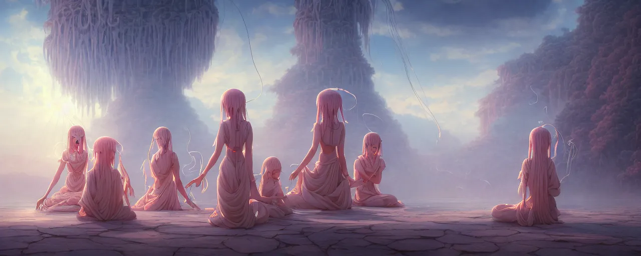 Prompt: A painting of priestesses worshipping at the jellyfish temple, shrouded in mist, jellyfish god, 8K, illustration, art by artgerm and Makoto Shinkai and Hitoshi Ashinano, smoke, cinematic, insanely detailed and intricate, hypermaximalist, elegant, super detailed, award-winning, puce and vermillion, mysterious, ancient, ritual, ethereal, trending in cgsociety, artstation HQ, ornate, elite, haunting, matte painting