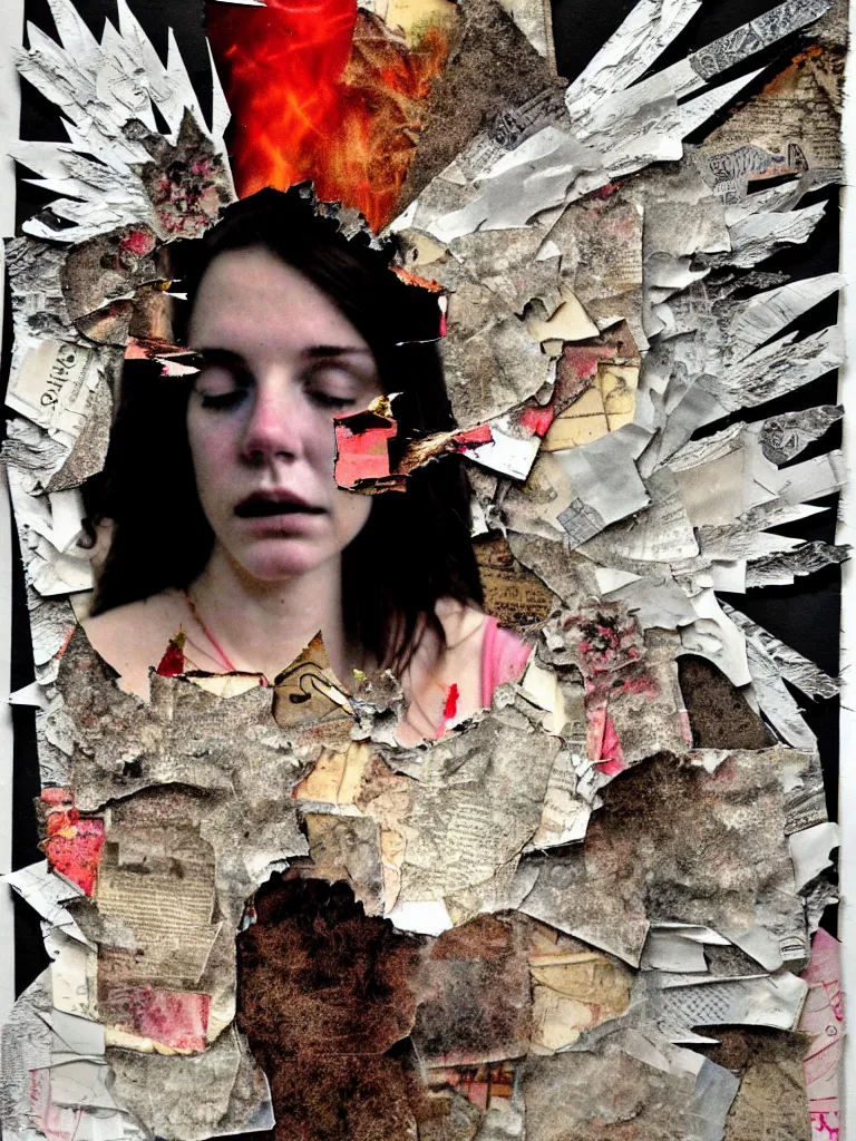 Image similar to a young adult angelgirl face obscured by smoke and ratty feathered angel wings, stressed and burnt out, collage effect, collaged, torn paper, torn paper collage, overexposure, overexposed, high exposure