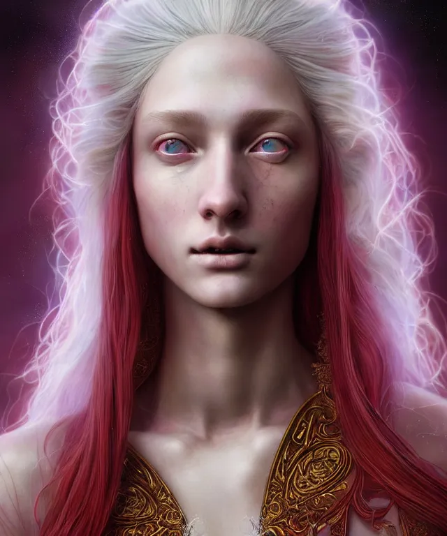 Image similar to hyperrealistic mixed media painting of a beautiful young female wizard, stunning 3d render inspired art by P. Craig Russell and Barry Windsor-Smith + perfect facial symmetry + dim volumetric lighting, long flowing white hair, pale skin, ornate crimson robes, dizzy, full body, confident heroic pose, 8k octane beautifully detailed render, post-processing, extremely hyperdetailed, intricate, epic composition, grim yet sparkling atmosphere, cinematic lighting + masterpiece, trending on artstation, very very detailed, masterpiece, stunning