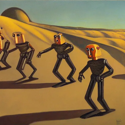 Image similar to robots marching off of a cliff, dystopian, pj crook, edward hopper, oil on canvas