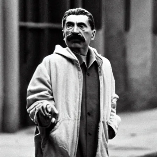 Prompt: cinematic shot of Joseph Stalin wearing a white hoodie and holding a cigarette sitting on a street curb in a bright city at night, 8k, highly detailed,