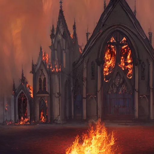 Prompt: a church burning down, trending on artstation, beautiful, highly detailed