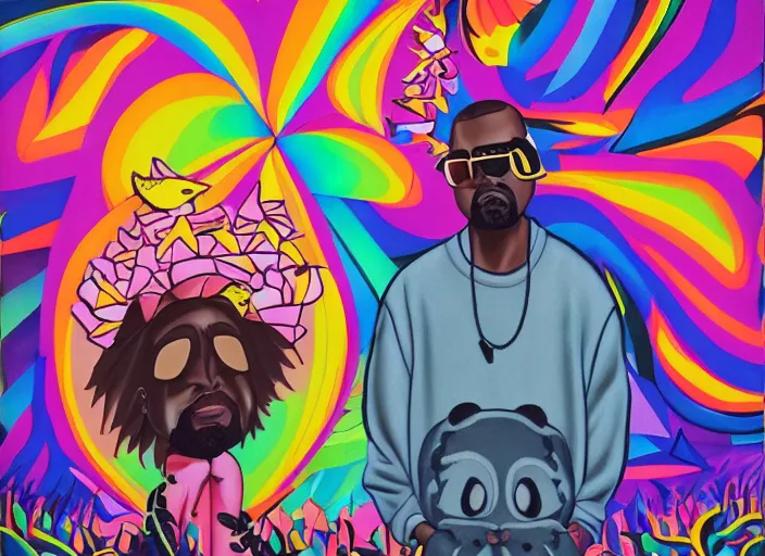 Prompt: kanye west goes and a kanye quest to find hidden treasure, an ultrafine detailed painting by lisa frank, trending on deviantart, pop surrealism, lowbrow, colorful