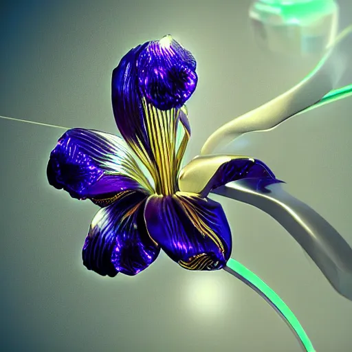 Prompt: a metallic iris flower, cybertronic, shiny unreal engine