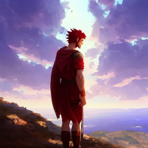 Prompt: young roman man with red hair in a tunic standing on a ridge in greece 4 k, concept art, by wlop, ilya kuvshinov, artgerm, krenz cushart, greg rutkowski, pixiv. cinematic dramatic atmosphere, sharp focus, volumetric lighting, cinematic lighting, studio quality