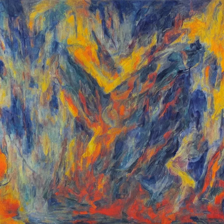 Image similar to Abstract artwork that illustrate the mood and intensity of 'In the Hall of the Mountain King' by Edvard Grieg