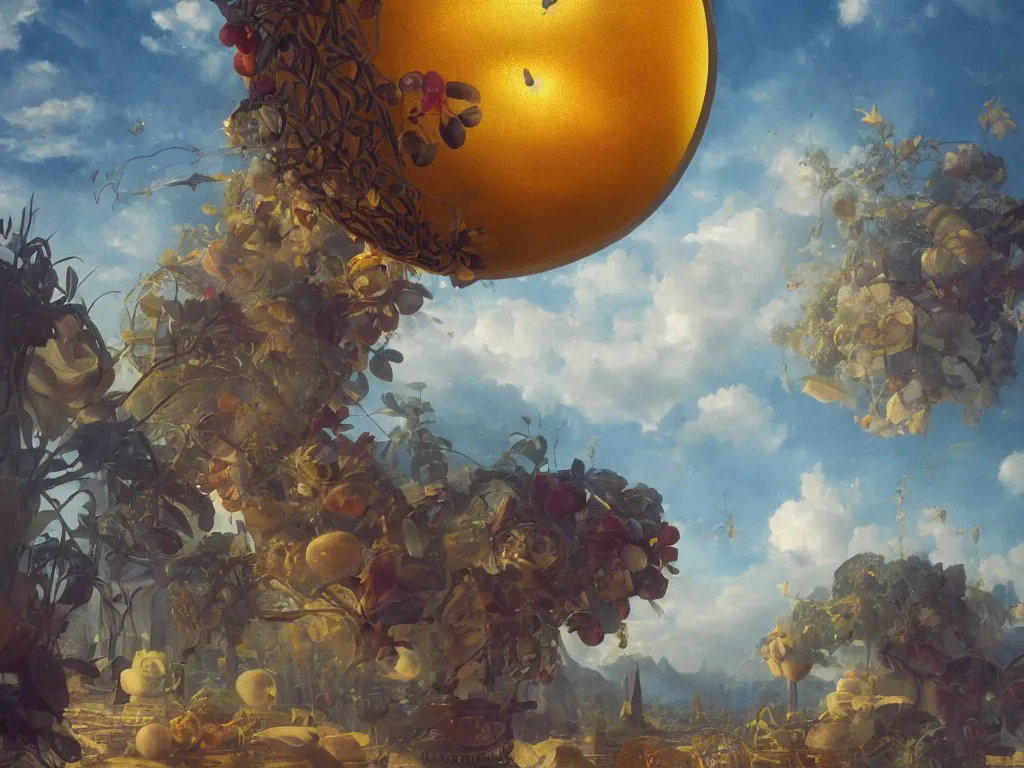 Image similar to 3 d render, sunlight study, the universe is a spheroid region 7 0 5 meters in diameter, art nouveau, by jan davidz de heem and ( ( ( ( ( lisa frank ) ) ) ) ), 8 k, sharp focus, octane render