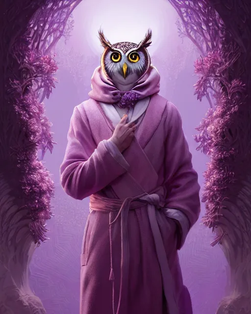 Image similar to anthropomorphic art of an owl king, in a lilac royal robe, by artgerm, victo ngai, ryohei hase, artstation, highly detailed digital painting, smooth, global illumination, fantasy art by greg rutkowsky, karl spitzweg, leyendecker