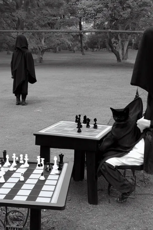 Image similar to Grim reaper and cat playing chess on a park table