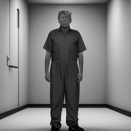 Image similar to donald trump in a prison cell wearing prison jumpsuit, photography, 4k