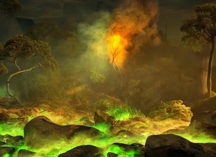 Image similar to a scene from hades, highly detailed, radiant lighting, green ambience, steam rising from rocky ground