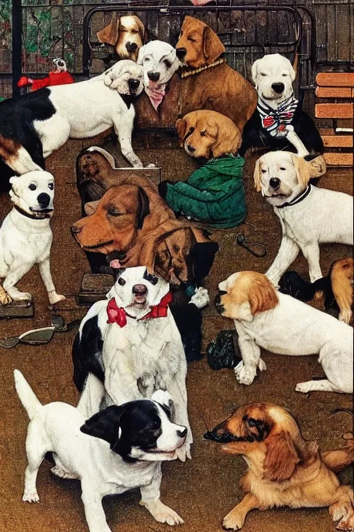 Image similar to a playground full of dogs by norman rockwell