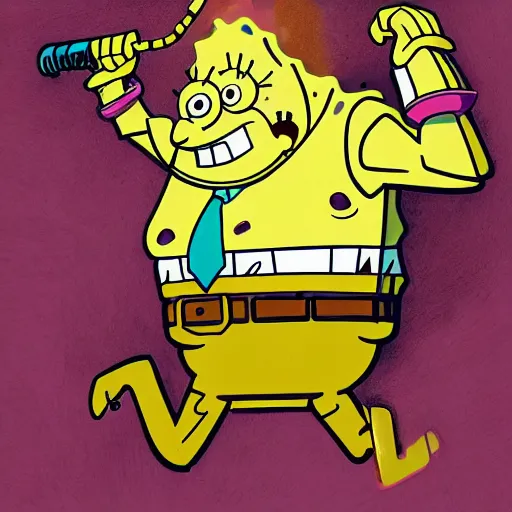 Image similar to precisely drawn illustration of spongebob merged with conan, wide angle, sharp, fine details, french comic style, cyberpunk, intense line art, 8 k, precise linework, realistic, shaded lighting, rutkowski and heavy metal comics and moebius