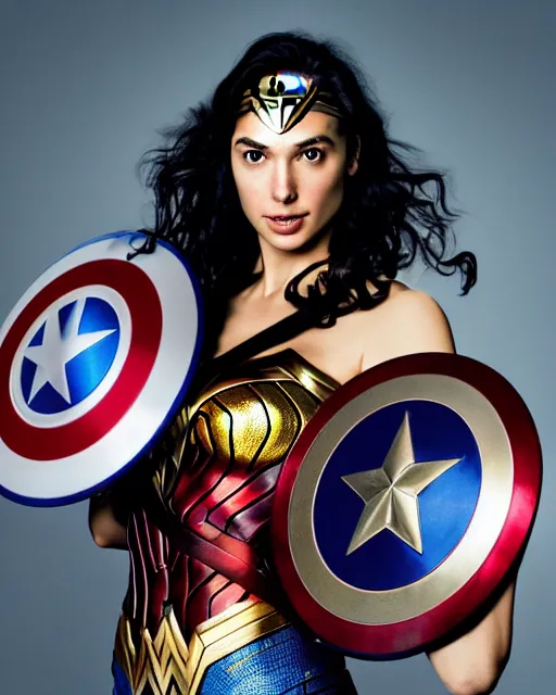 Prompt: A studio photo of Gal Gadot as Wonder Woman holding Captain America’s Shield, bokeh, 90mm, f/1.4 Shot in the Style of Mario Testino