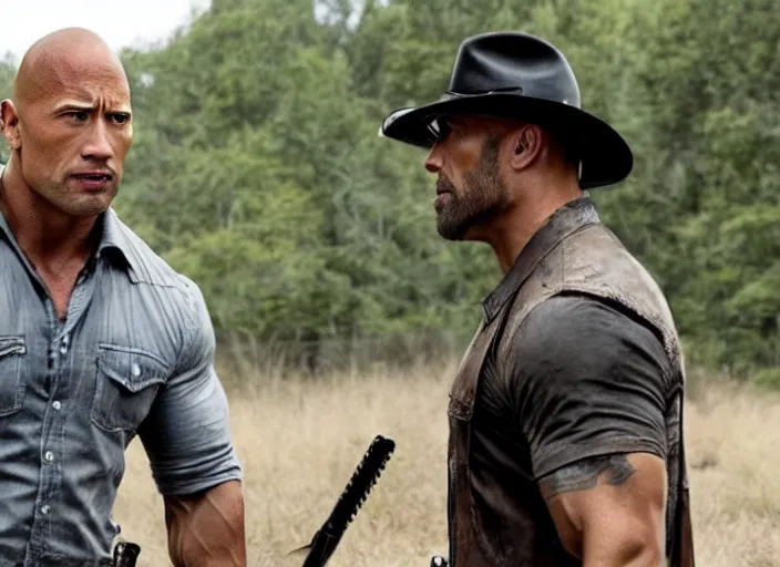 Image similar to film still of dwayne the rock johnson as rick grimes wearing a hat in the new walking dead tv series, 4 k