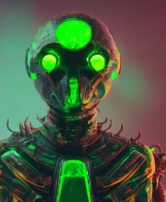 Prompt: a detailed character concept of a menacing armoured alien with glowing green eyes and a crown of jade and topaz crystals by Beeple, 4k resolution, photorealistic