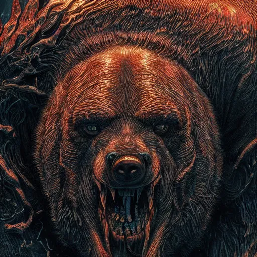 Image similar to photorealistic demon bear in the style of michael whelan and gustave dore. hyperdetailed photorealism, 1 0 8 megapixels, amazing depth, glowing rich colors, powerful imagery, psychedelic overtones, 3 d finalrender, 3 d shading, cinematic lighting, artstation concept art