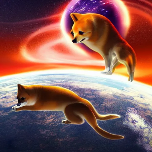 Image similar to winged shiba in space, wonderful planets, digital art, 4 k, realistic, vivid colors