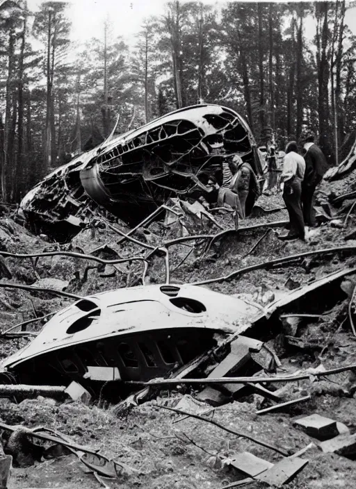 Image similar to vintage photograph of advanced crashed vessel in the forest with people inspecting the rubble