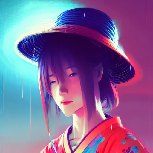 Prompt: Beautiful female samurai, with straw hat, rainy night, neon glow concept art, sharp focus, intricate, digital painting, artstation, official media, anime key visual, highly detailed, rich vivid colors ambient lighting, illustration, art by Artgerm, Makoto Shinkai, Ilya Kuvshinov, Lois Van Baarle and Rossdraws