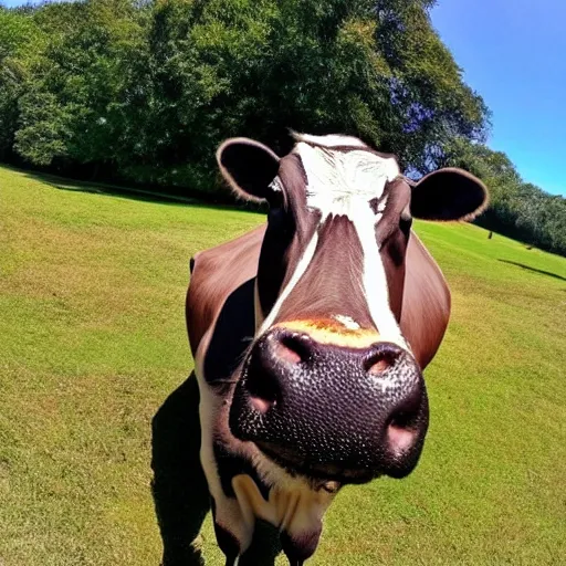 Image similar to selfie stick photo of a cow and it's hippopotamus best friend