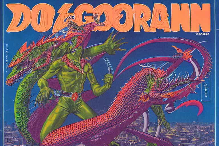 Image similar to 1979 Dragon magazine cover depicting a lizard man in neo-tokyo style by Larry Elmore. DND character art