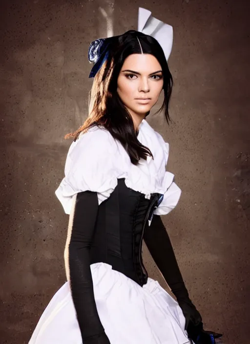 Image similar to kendall jenner in 2 b cosplay victorian maid studio lighting cinematic photoshoot