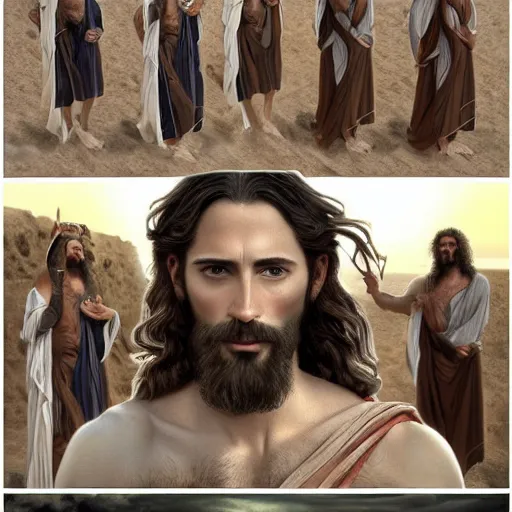 Image similar to an extremely detailed matte painting of a ridiculously good looking jesus that looks like a jewish gigachad with his 1 2 apostle entourage, long curly hair, elegant ancient greek dress, very detailed, windy beach, beautiful, intricate, cinematic, artstation, william bouguereau, alphonse mucha, greg rutkowski, rossdraws, octane render