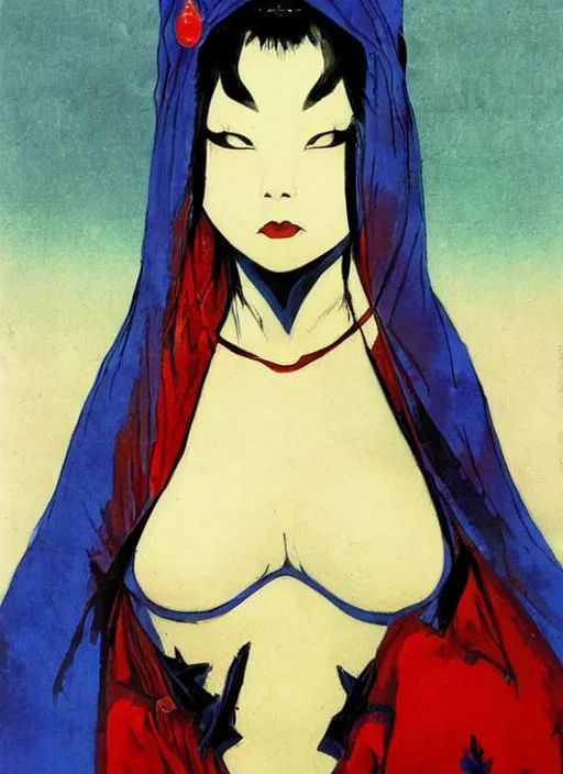 Image similar to portrait of heavyset mighty korean vampiress, jeweled veil, blue and red, strong line, saturated color, beautiful! coherent! by frank frazetta, high contrast, minimalism