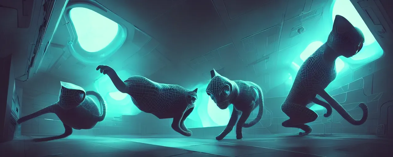 Image similar to duotone noir scifi concept dynamic illustration of 3 d mesh of alien cat inside box floating zero gravity glowing 3 d mesh portals futuristic, glowing eyes, octane render, surreal atmosphere, volumetric lighting. accidental renaissance. by sachin teng and sergey kolesov and ruan jia and heng z. graffiti art, scifi, fantasy, hyper detailed. trending on artstation