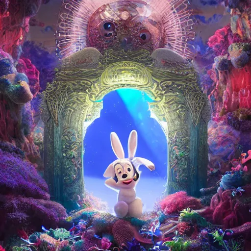 Prompt: gates of heaven, expressive eyes, floating, rbc, bunny, radiolaria, protophyta, micro - organisms, center frame, symmetric, rim light, marine microbiology, bioluminescence, electric, fur, soft, concept art, intricate details, highly detailed, colorful, photorealistic, disney pixar, octane render,